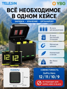 Зарядное устройство Telesin для 3х АКБ + 2 АКБ в комплекте - GP-BNC-901-B (30)