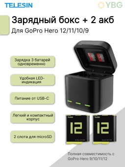 Зарядное устройство Telesin для 3х АКБ + 2 АКБ в комплекте - GP-BNC-901-B (1)